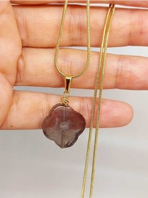 Resim Dumanlı Kuvars Taşı Kolye Ucu Yonca Temalı Altın Kaplama Zincirli 