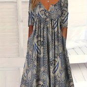 Resim Bohem tarzı büyük beden düğmeli, V-Neck ve yarım kollu, mavi ve beyaz çiçek desenli, rahat gevşek kesim, ilkbahar/yaz/sonbahar için, günlük dış mekan kıyafeti|Bohem baskılı elbise|Esnek olmayan kumaş, sevimli elbise 