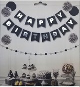 Resim Happy Birthday Yazılı Doğum Günü Süsü Siyah-Gümüş Flama Happy Bir 