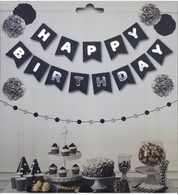Resim Happy Birthday Yazılı Doğum Günü Süsü Siyah-Gümüş Flama Happy Bir 