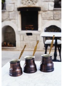 Resim Bakır Cezve Seti Çekiç Dövmeli Oksitli Bakır Renk 