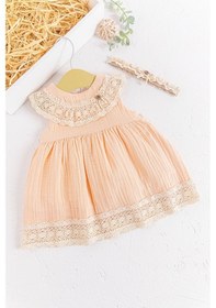 Resim Baby Güpür Yakalı Bandanalı Yazlık Müslin Bebek Elbise 