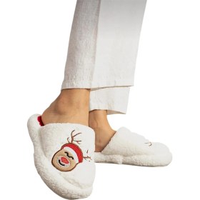 Resim Liger Kadın Pofuduk Nakışlı Ev Terliği Çeyiz Bohça Terliği Valentine's Day BEYAZ - VİZON 