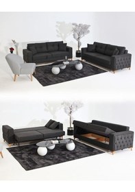 Resim Nola Koltuk Takımı 3+3+1+1 & Bazalı Yataklı Koltuk & Kanepe - Keten Antrasit 