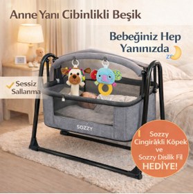Resim Sozzy Anne Yanı Cibinlikli Beşik | Sallanır + Oyuncak Askı Barı + Hediyeli 