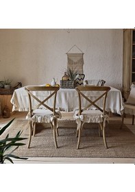 Resim El Yapımı Buldan Yıkanmıs Keten 4 Tarafı Fırfırlı Sandalye Minderi Naturel 