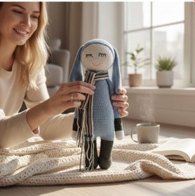 Resim Uyuyan Oyuncak Tavşan El İşi %100 Pamuk Amigurumi Oyuncak Mavi 