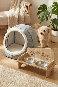Resim Gobypet İsim Yazılabilir Kare Mama Kabı Ve Keçe Kedi ve Küçük Irk Köpek Evi Seti Gri 