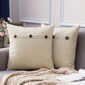 Resim Üç Düğme Detaylı Vintage Ekose Atma Yastık Kılıfları, Sadece Elde Yıkanabilir, Polyester Dokuma Kumaş, Fermuarlı Dekoratif Yastık Kılıfları Çeşitli Oda Türleri İçin - 1 Parça (Sadece Kılıf) 