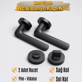 Resim Mat Siyah Wc Banyo Tipi Kapı Kolu Rozetli Sağ Sol Uygun Modern Iç Kapı Kilitli 1 Takım 