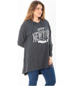 Resim Kadın Büyük Beden Füme Payet ve Baskı Detaylı Kapşonlu Arkası Uzun Sweatshirt 65n37433-füme Füme 