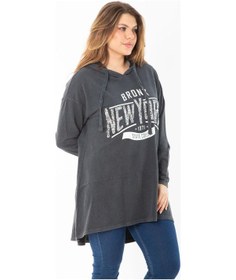 Resim Kadın Büyük Beden Füme Payet ve Baskı Detaylı Kapşonlu Arkası Uzun Sweatshirt 65n37433-füme Füme 