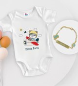 Resim Bitmeyen Kartuş Bk Kids Kişiye Özel Sevimli Pilot Tasarımlı Beyaz Bebek Body Zıbın Ve Erkek Bebek Künyesi Hediye Set 