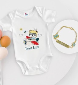 Resim Bitmeyen Kartuş Bk Kids Kişiye Özel Sevimli Pilot Tasarımlı Beyaz Bebek Body Zıbın Ve Erkek Bebek Künyesi Hediye Set 