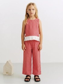 Resim L' Atelier MiDuMi Çocuk, Kız, Kırmızı Ekoseli/Kareli Dokuma Pantalon ve Kurdele Detaylı Bluz Takımı (Sıvı Geçirmez Organizer Hediyelidir.) 