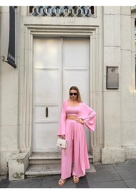 Resim Bonacosa Kadın Viskon 3 Lü Takım Kimono + Beli Lastikli Salaş Pantolon + Crop 8 Renk Pembe 
