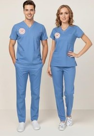 Resim Unisex Alaska Mavisi Doktor Hekim Scrubs Takım, V Yaka, Likralı, Nefes Alan, Sağlık Bakanlığı Yönetmeliğine Uygun 