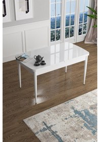 Resim Canisa Han Serisi, Beyaz 70x114 Açılabilir Mdf Mutfak Masa Takımı, 6 Lacivert Sandalye Masa Beyaz Sandalyeler Lacivert 