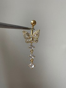 Resim 316 L Cerrahi Çelik Kelebek Göbek Piercingi Zirkon Taşlı Sallantılı Göbek Piercingi Gümüş - Pembe 