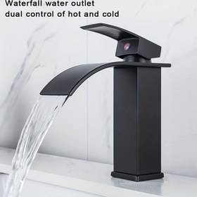 Resim 1 Set Kare Siyah Lavabo Bataryası 18cm/7.9in Yükseklik Dokunmatik Banyo Lavabosu Sıcak ve Soğuk Bataryası Modern Minimalist Tasarım Şelale Çıkışı Tek Delik Alt Montaj Lavabo Bataryası Kurulum Aksesuarları ile 