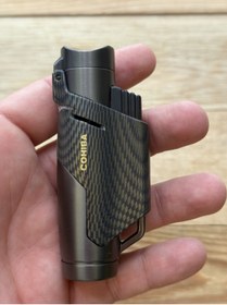 Resim COHİBA Puro çakmağı 3 pürmüz Karbon tasarımlı Ayaklık özellikli kapak kolay gaz ayarı Elit tasarım 