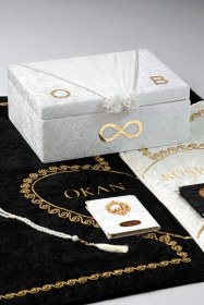 Resim Çeyizlik Kişiye Özel İsimli Kalpli Seccade Seti - Sandıklı Hediyelik Eşli Çift Seccadesi - Gold Siyah - Beyaz 