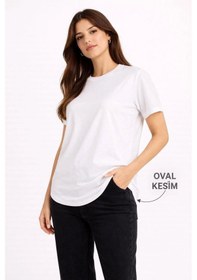 Resim Paris Kadın Basic T-shirt Kısa Kol Bisiklet Yaka Oval Kesim Tişört - Beyaz 