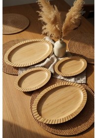 Resim Bambu Oval Servis Tabağı Seti Doğal Ahşap Şık Sunum Tabakları Farklı Boylarda Bej 