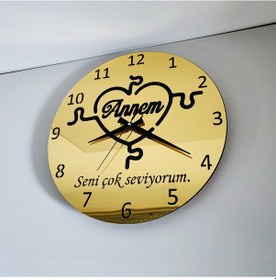 Resim Anneler İçin Gold Aynalı Duvar Saati Seni Çok Seviyorum Annem Yazılı Hediye Altın 
