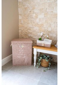 Resim Keçe Kapaklı Kirli Çamaşır Sepeti - Çok Amaçlı Saklama Kutusu Mega Hurç Bej 55 X 41 X 30 Cm Bej 