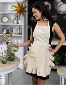 Resim Keten Fırfırlı Bohem Mutfak Önlüğü Bej 