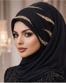 Resim Aişe tesettür Siyah Gold Simli Abiye Şal 