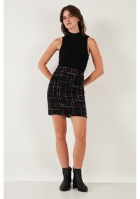 Resim Lela Tüvit Desenli Slim Fit Yüksek Bel Mini Boy Bayan Etek 5866436 Siyah 