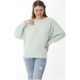Resim Kadın Büyük Beden Lila Yarasa Kol Kendinden Çizgili Yün Viskon Bluz 65n37007-yeşil Yeşil 
