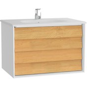 Resim Frame 61228 Lavabo Dolabı, Çift Çekmeceli, Etajerli Lavabolu, 80 cm, Mat Soft Beyaz - Dore Meşe 