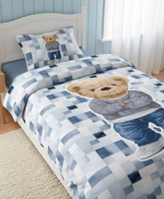 Resim Evmila Sevimli Ayıcık Desenli Nevresim Takımı - 160x220cm Nevresim +50x70cm Yastık Kılıfı+100x200cm Çarşaf 