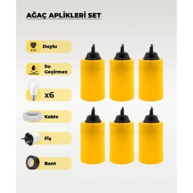 Resim Sarı Silindir Ağaç Feneri Seti, 6 Adet, Beyaz Işık, Kablo, Fiş ve Bantli 