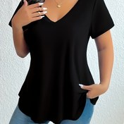 Resim Plus Size Basit Düz T-Shirt, Rahat V Yaka Kısa Kollu T-Shirt, Kadınların Büyük Beden Giyim 