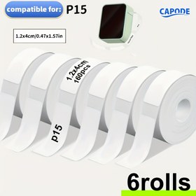 Resim 6 Rulo Kendinden Yapışkanlı Kağıt, 12*40Mm (1.2*3.99cm) Sürekli Kağıt, Her Rulo 160 Yaprak Beyaz İçerir, P15 ile Uyumlu. 