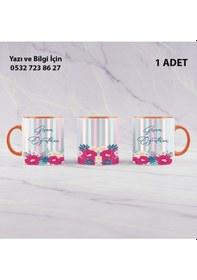 Resim Öğretmenler Günü Çiçek Baskılı Kupa Bardak Öğretmene Hediyelik Şık Tasarımıyla İsim Yazılır Turuncu 
