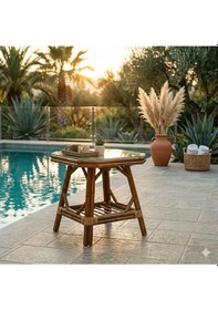 Resim Dekorzade Bambu Bahçe Balkon Teras Masası 60 X 60 Cm Cam Dahil Kahverengi 