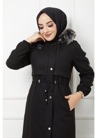 Resim Kmkkombin Kadın Boydan Fermuarlı Kapüşonu Kürklü Uzun Pardesü 