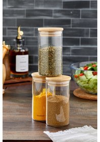 Resim Cooker 3'lü 300 Ml Bambu Kapaklı Borosilikat Cam Kavanoz Ckr3896 Bej 