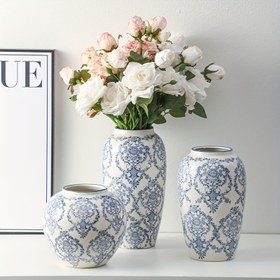 Resim Şık Mavi ve Beyaz Seramik Vazo Seti - Vintage Çiçek Tasarımı, El Boyalı Desenler, Taze veya Kuru Çiçekler için Mükemmel, Ev Dekoru ve Hediye Verme için İdeal, Çiçek Vazoları 