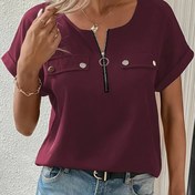 Resim Kadınların Şık Pembe Kanatlı Kollu Üstü Fermuar Detaylı - Kısa Kollu, Yuvarlak Yaka, Esnek Olmayan Dokuma Kumaş, İlkbahar/Yaz Modası, Sevimli Cep Detayları 