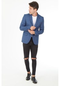 Resim Sposo 5111 Dar Kalıp Kareli İndigo Erkek Blazer Ceket İndigo 