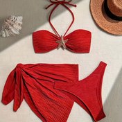 Resim Kadın Modası Seksi Düz Renk Bikini Üç Parça Takımı 