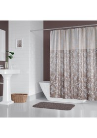 Resim Çiçek Desenli Banyo Perdesi,120x200 CM Çift Kanat Duş Perdesi Kahverengi 