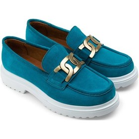 Resim Deery Hakiki Süet Turkuaz Rengi Tokalı Loafer Kadın Ayakkabı - 01902ztrkp01 Turkuaz 
