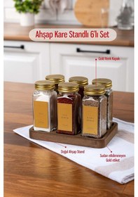 Resim 6'lı Kare Ahşap Standlı Baharatlık Gold Kapaklı-etiketli Cam Baharatlık Seti Mh01gld06k Gold - Şeffaf 